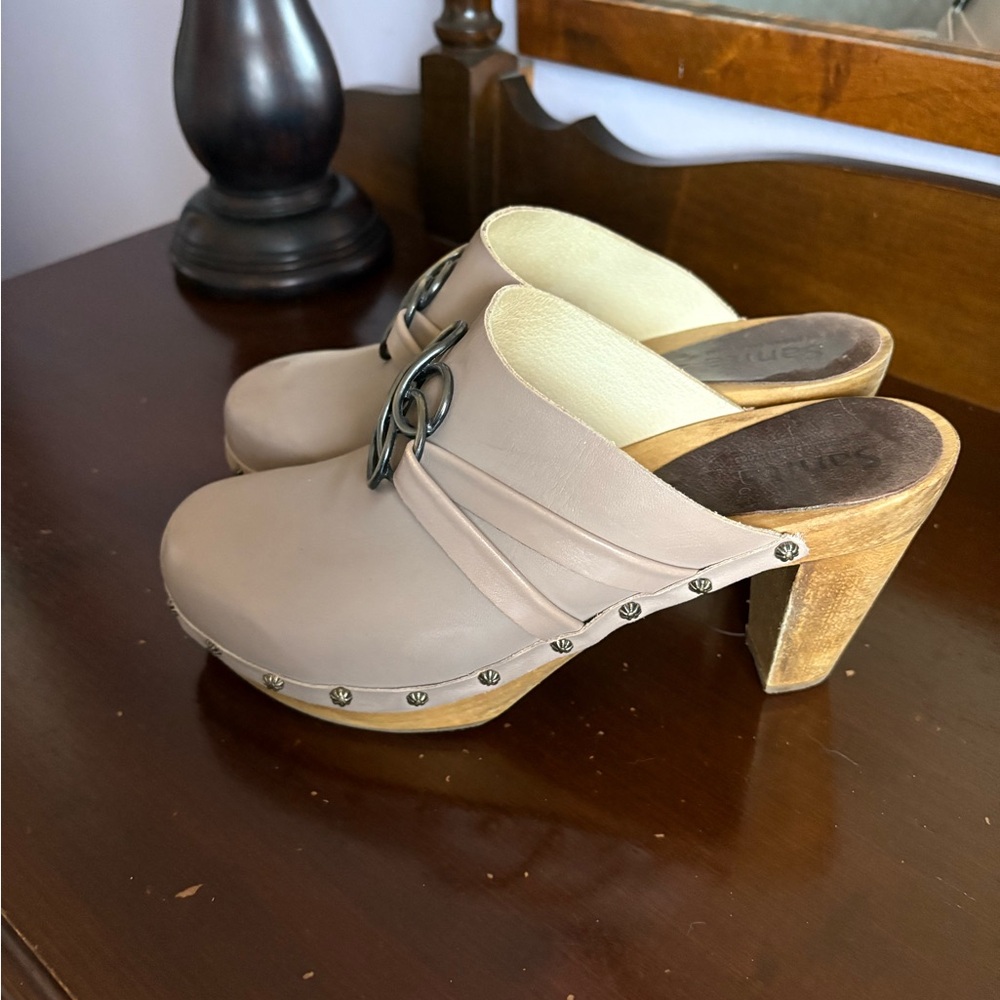 Sanita Taupe Leather Clogs with Metal Accents